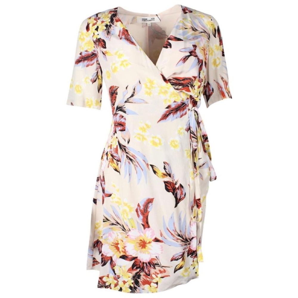 Diane Von Furstenberg Savilla 100% Silk Wrap Mini Dress Cream Floral